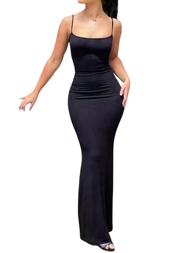 SweatyRocks Bodycon Kleid Damen Lang Sommerkleid Elegant Spaghettiträger Kleid Maxikleid Cami Kleid Ärmelloses Kleid Langes Kleid Schwarz S von SweatyRocks