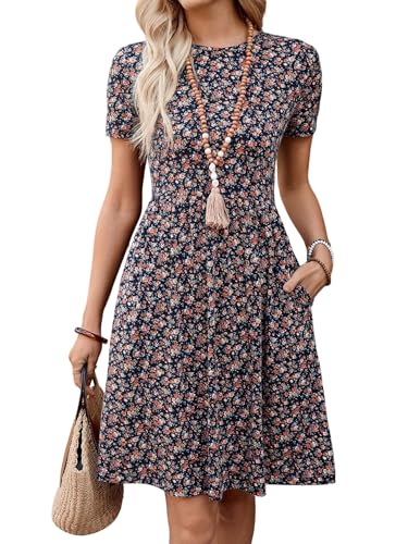 SweatyRocks Boho Kleid Damen Kurz Blumenkleid Elegant Sommerkleid A Linie Midikleid Sommer Strandkleid Freizeitkleid Hochzeitsgast Kleid Knielang Dunkelblau L von SweatyRocks