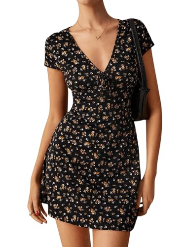 SweatyRocks Boho Kleid Damen Kurz Sommerkleid A Linien Kleid Mit Blumen Minikleid Mit V Ausschnitt Blümchenkleid Süßes Kleid Freizeitkleid Schwarz und Gelb L von SweatyRocks