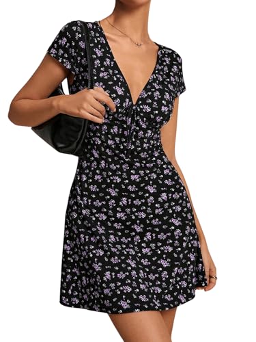 SweatyRocks Boho Kleid Damen Kurz Sommerkleid A Linien Kleid Mit Blumen Minikleid Mit V Ausschnitt Blümchenkleid Süßes Kleid Freizeitkleid Schwarz und Violett M von SweatyRocks
