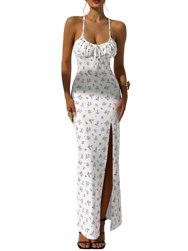 SweatyRocks Boho Kleid Damen Lang Maxikleider Sommer Bodycon Kleid Mit Schlitz Blumenkleid Sommerkleid Spaghettiträger Kleid Strandkleider Violett L von SweatyRocks