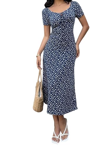 SweatyRocks Boho Kleid Damen Lang Sommer Maxikleider Blumenkleid Hochzeitgast Sommerkleid Mit Blumen Freizeitkleider Strandkleider Dunkelblau XS von SweatyRocks