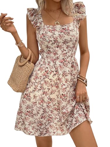 SweatyRocks Boho Kleid Damen Sommer Blumenkleid Strandkleid A Linie Sommerkleid Hochzeitsgast Kurz Minikleid Rückenfreies Kleid Aprikosenfarben M von SweatyRocks