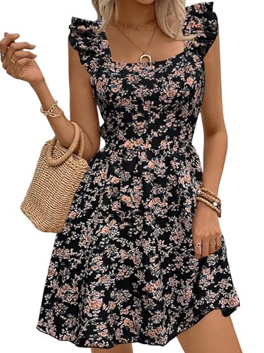 SweatyRocks Boho Kleid Damen Sommer Blumenkleid Strandkleid A Linie Sommerkleid Hochzeitsgast Kurz Minikleid Rückenfreies Kleid Schwarz M von SweatyRocks