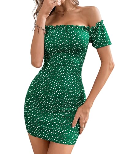 SweatyRocks Boho Sommerkleid Damen Kurz Elegant Schulterfreies Kleid Sommer Minikleid Sexy Kleid Mit Herzen Rüschenkleid Partykleid Grün S von SweatyRocks