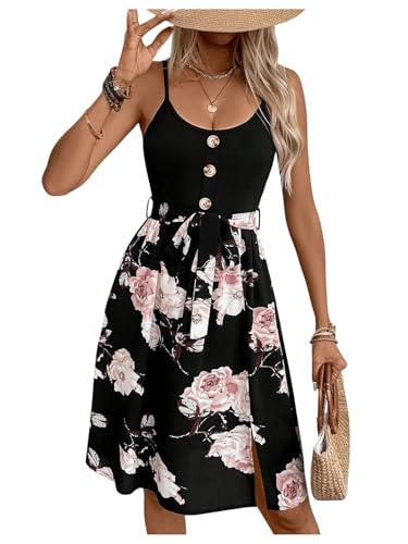 SweatyRocks Damen 2 in 1 Ärmellos Freizeitkleid A-Linie Sommerkleid Geblümt Bohokleid Spaghettiträger Kleid Knielang Trägerkleid mit Gürtel Schwarz L von SweatyRocks