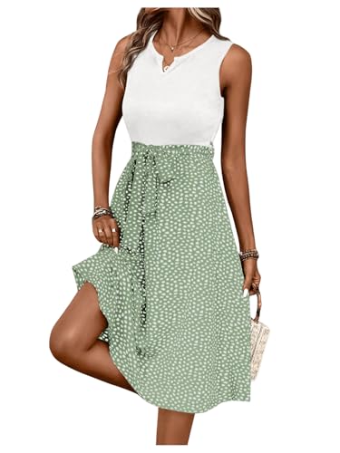 SweatyRocks Damen 2 in 1 Ärmellos Freizeitkleid A-Linie Sommerkleid Geblümt Bohokleid Tank Kleid Knielang Trägerkleid mit Gürtel Grün M von SweatyRocks