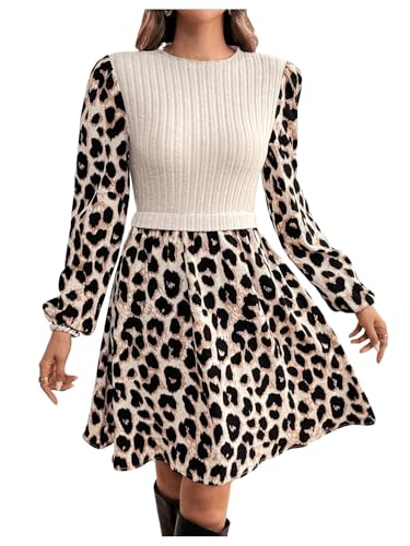 SweatyRocks Damen 2 in 1 Freizeitkleid A-Linie Kurzkleid mit Leoprint Langarm Kleid Shortskleid mit Leopardenmuster Aprikosenfarben M von SweatyRocks