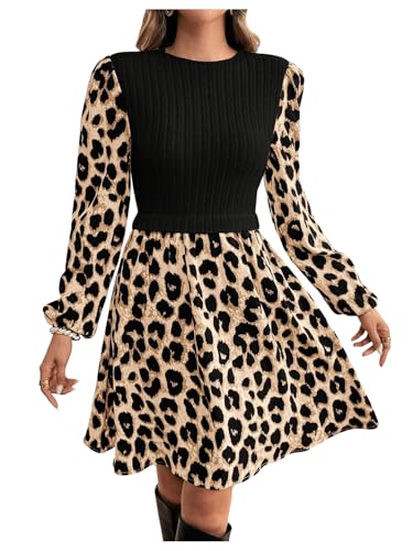 SweatyRocks Damen 2 in 1 Freizeitkleid A-Linie Kurzkleid mit Leoprint Langarm Kleid Shortskleid mit Leopardenmuster Schwarz XS von SweatyRocks