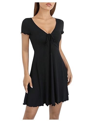 SweatyRocks Damen A-Linie Kleid Kurz Shortkleid Casual Sommerkleid V Ausschnitt Freizeitkleid Kurzarm Skaterkleid mit Wellensaum Schwarz M von SweatyRocks