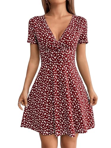 SweatyRocks Damen A Linie Kleid Kurz Sommerkleid Kurzarm Skaterkleid Hohe Taille Blumenkleid Casual Freizeitkleid mit Blümchen Rot L von SweatyRocks