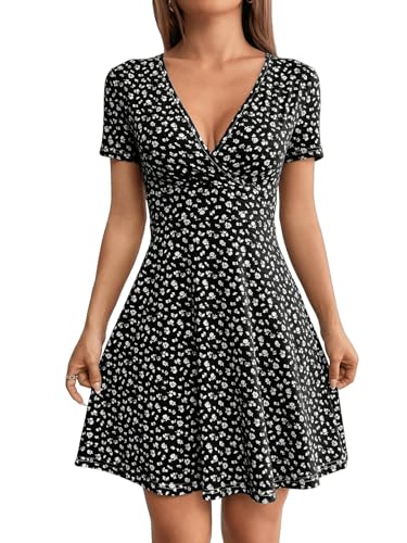 SweatyRocks Damen A Linie Kleid Kurz Sommerkleid Kurzarm Skaterkleid Hohe Taille Blumenkleid Casual Freizeitkleid mit Blümchen Schwarz M von SweatyRocks