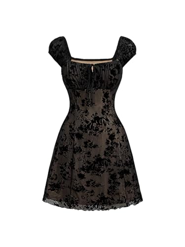 SweatyRocks Damen A Linie Kleid Kurzarm Sommerkleid Retro Mesh Kleider Kurzes Skaterkleid Elegant Freizeitkleid Schwarz M von SweatyRocks