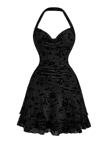 SweatyRocks Damen A Linie Kleid Neckholder Sommerkleid Retro Trägerkleid Kurzes Skaterkleid Ärmelloses Freizeitkleid Schwarz L von SweatyRocks