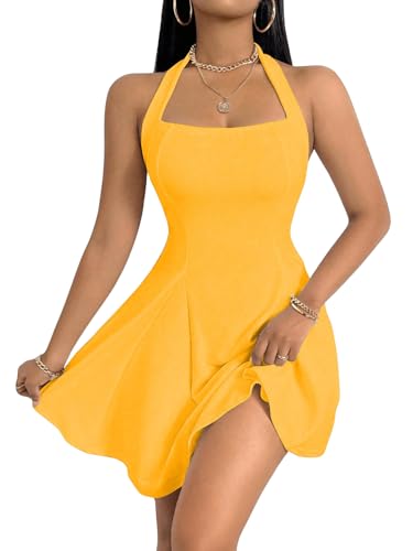 SweatyRocks Damen A Linie Kleid Neckholder Sommerkleid mit Rüschen Ärmelloses Trägerkleid Kurzes Kleid Freizeitkleid Partykleid Gelb S SweatyRocks Damen A Linie Kleid Neckholder Sommerkleid mit Rüschen Ärmelloses Trägerkleid Kurzes Kleid Freizeitkleid Partykleid Gelb S von SweatyRocks