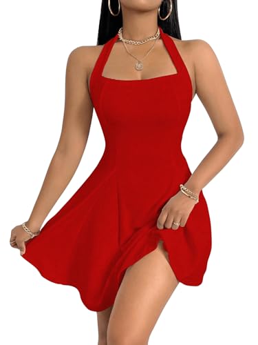 SweatyRocks Damen A Linie Kleid Neckholder Sommerkleid mit Rüschen Ärmelloses Trägerkleid Kurzes Kleid Freizeitkleid Partykleid Rot L von SweatyRocks