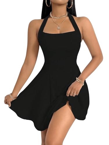 SweatyRocks Damen A Linie Kleid Neckholder Sommerkleid mit Rüschen Ärmelloses Trägerkleid Kurzes Kleid Freizeitkleid Partykleid Schwarz L von SweatyRocks