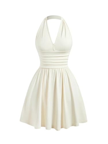 SweatyRocks Damen A Linie Kleid Neckholder Sommerkleid mit Rüschen Ärmelloses Trägerkleid Kurzes Skaterkleid Freizeitkleid Partykleid Aprikosenfarben L von SweatyRocks