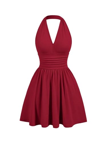 SweatyRocks Damen A Linie Kleid Neckholder Sommerkleid mit Rüschen Ärmelloses Trägerkleid Kurzes Skaterkleid Freizeitkleid Partykleid Bordeaux S von SweatyRocks