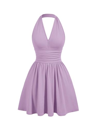SweatyRocks Damen A Linie Kleid Neckholder Sommerkleid mit Rüschen Ärmelloses Trägerkleid Kurzes Skaterkleid Freizeitkleid Partykleid Lila L von SweatyRocks