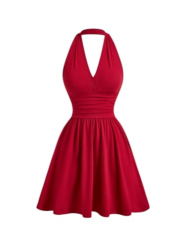 SweatyRocks Damen A Linie Kleid Neckholder Sommerkleid mit Rüschen Ärmelloses Trägerkleid Kurzes Skaterkleid Freizeitkleid Partykleid Rot L von SweatyRocks