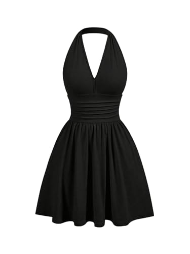 SweatyRocks Damen A Linie Kleid Neckholder Sommerkleid mit Rüschen Ärmelloses Trägerkleid Kurzes Skaterkleid Freizeitkleid Partykleid Schwarz M von SweatyRocks
