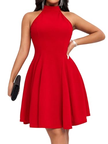 SweatyRocks Damen A Linie Kleid Neckholder Sommerkleid mit Rüschen Kurzes Kleider Ärmelloses Trägerkleid Knielang Freizeitkleid Partykleid Rot L von SweatyRocks