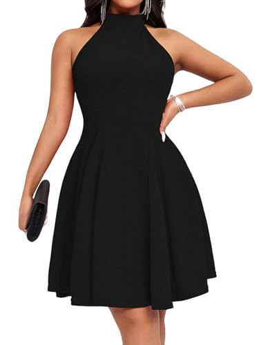 SweatyRocks Damen A Linie Kleid Neckholder Sommerkleid mit Rüschen Kurzes Kleider Ärmelloses Trägerkleid Knielang Freizeitkleid Partykleid Schwarz M von SweatyRocks
