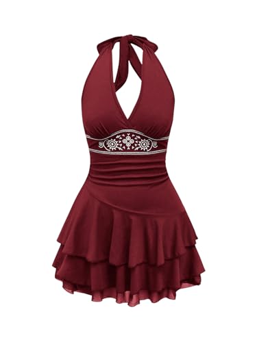 SweatyRocks Damen A Linie Kleid Neckholder Sommerkleid mit Rüschen Trägerkleid Kurzes Skaterkleid Ärmelloses Freizeitkleid Bordeaux S SweatyRocks Damen A Linie Kleid Neckholder Sommerkleid mit Rüschen Trägerkleid Kurzes Skaterkleid Ärmelloses Freizeitkleid Bordeaux S von SweatyRocks