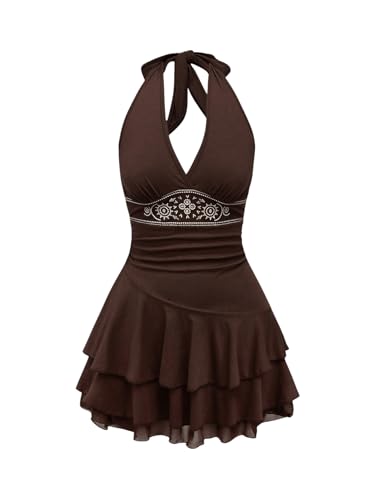 SweatyRocks Damen A Linie Kleid Neckholder Sommerkleid mit Rüschen Trägerkleid Kurzes Skaterkleid Ärmelloses Freizeitkleid Braun M von SweatyRocks