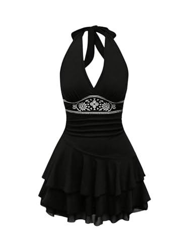 SweatyRocks Damen A Linie Kleid Neckholder Sommerkleid mit Rüschen Trägerkleid Kurzes Skaterkleid Ärmelloses Freizeitkleid Schwarz M von SweatyRocks