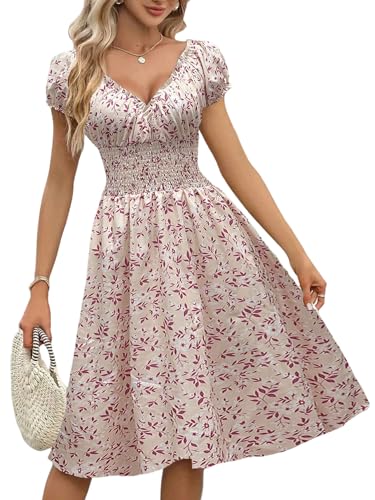 SweatyRocks Damen A Linie Sommerkleid V-Ausschnitt Skaterkleid Freizeitkleid Blumenkleid Print Urlaubkleid Knielang Kleid mit Puffärmel Violett L von SweatyRocks