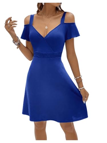 SweatyRocks Damen A Linie Trägerkleid Cold Shoulder Kleider Kurzkleid V-Ausschnitt Sommerkleid Casual Freizeitkleid Shortkleid mit Spitzen Königsblau M von SweatyRocks