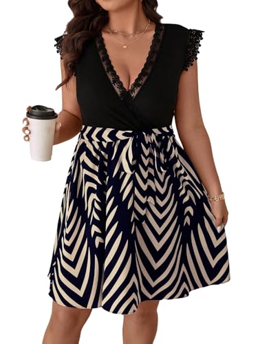 SweatyRocks Damen A Linien Kleid Großen Größen Volant Ärmel Sommerkleid Kurze Kleider V Ausschnitt Sommer Curvy Freizeitkleid mit Gürtel Khaki 2XL von SweatyRocks