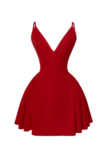 SweatyRocks Damen Ärmellos Kleid Elegant A Linie Kleider Spaghettiträger Rückenfreies Minikleid mit V-Ausschnitt Hohe Taille Sommerkleid Rot L von SweatyRocks