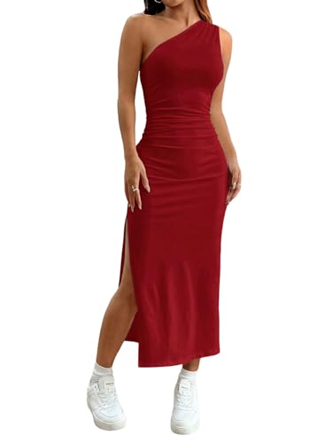 SweatyRocks Damen Ärmelloses Kleid Casaul Midikleid Asymmetrischem Ausschnitt Kleid Bodycon Freizeitkleid Sommerkleid mit Schlitz Bordeaux M von SweatyRocks