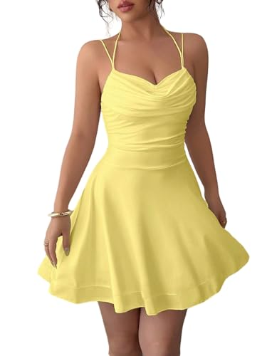 SweatyRocks Damen Ärmelloses Kleid Elegant A-Linie Minikleid Kurz Trägerkleid Rüschen Kleider Rückenfrei Partykleid Gelb S von SweatyRocks