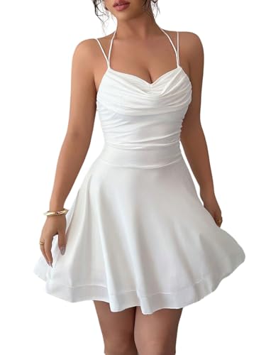 SweatyRocks Damen Ärmelloses Kleid Elegant A-Linie Minikleid Kurz Trägerkleid Rüschen Kleider Rückenfrei Partykleid Weiß M von SweatyRocks