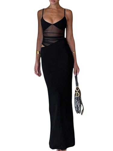 SweatyRocks Damen Ärmelloses Kleid Elegant Maxikleid mit Cut Outs Bodycon Partykleid mit Schlitz Mesh Partynight Trägerkleid Schwarz L von SweatyRocks