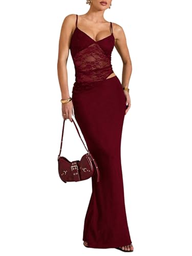 SweatyRocks Damen Ärmelloses Kleid Elegant Spitzenkleid Spaghettiträger Maxikleid mit Asymmetrischem Ausschnitt Bodycon Partykleid mit Cut Outs Bordeaux S von SweatyRocks