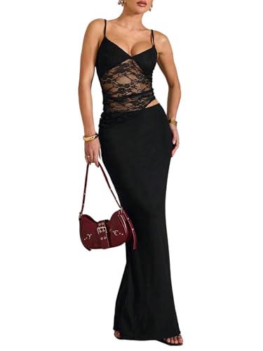 SweatyRocks Damen Ärmelloses Kleid Elegant Spitzenkleid Spaghettiträger Maxikleid mit Asymmetrischem Ausschnitt Bodycon Partykleid mit Cut Outs Schwarz XS SweatyRocks Damen Ärmelloses Kleid Elegant Spitzenkleid Spaghettiträger Maxikleid mit Asymmetrischem Ausschnitt Bodycon Partykleid mit Cut Outs Schwarz XS von SweatyRocks