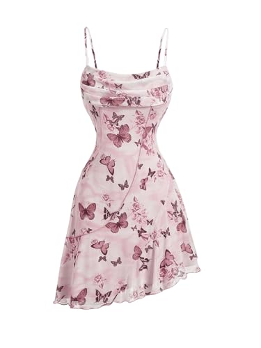 SweatyRocks Damen Ärmelloses Kleid Kurz Batikkleid mit Asymmetrischer Saum Sommerkleid Mesh Freizeitkleid mit Wellensaum Grau-Rosa XS von SweatyRocks