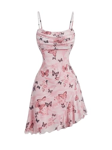 SweatyRocks Damen Ärmelloses Kleid Kurz Batikkleid mit Asymmetrischer Saum Sommerkleid Mesh Freizeitkleid mit Wellensaum Rosa L von SweatyRocks