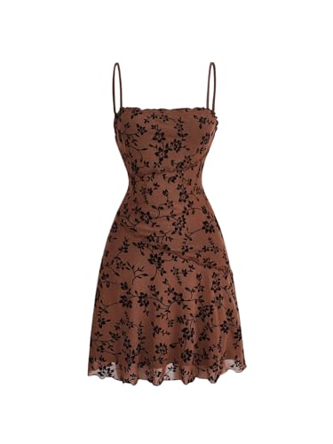 SweatyRocks Damen Ärmelloses Kleid Kurz Freizeitklrid Spaghettiträger Sommerkleid Mesh Blusenkleid Minikleid mit Wellensaum Kaffeebraun XS von SweatyRocks