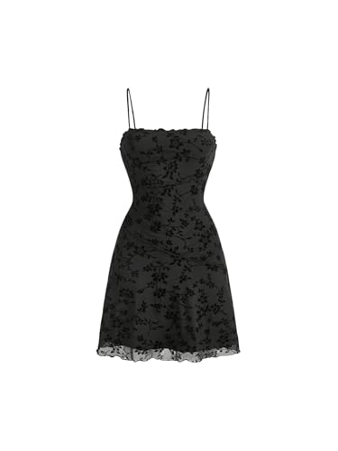 SweatyRocks Damen Ärmelloses Kleid Kurz Freizeitklrid Spaghettiträger Sommerkleid Mesh Blusenkleid Minikleid mit Wellensaum Schwarz S von SweatyRocks