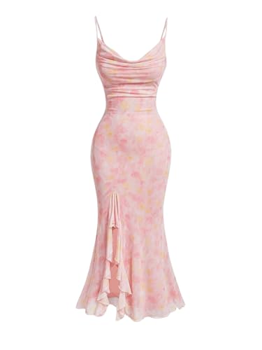 SweatyRocks Damen Ärmelloses Kleid Lang Batikkleid mit Fishtail Midikleid Spaghettiträger Kleid Bodycon Partykleid mit Schlitz Rosa L von SweatyRocks