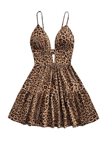 SweatyRocks Damen Ärmelloses Kleid Rückenfreies Kurzkleid Cut Outs Trägerkleid A Linie Partykleid V-Ausschnitt Sommerkleid mit Leopardenmuster Braun XL von SweatyRocks
