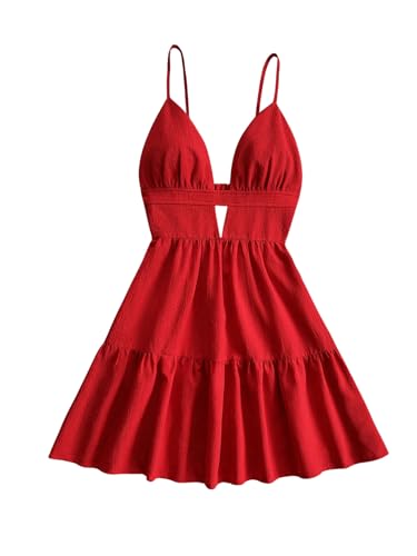 SweatyRocks Damen Ärmelloses Kleid Rückenfreies Minikleid Trägerkleid A Linie Partykleid V-Ausschnitt Sommerkleid Rot S von SweatyRocks