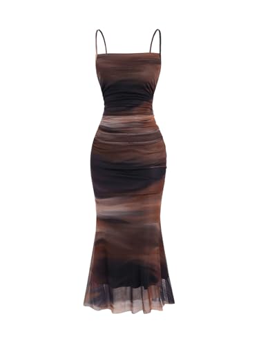 SweatyRocks Damen Batik Lange Kleider Figurbetontes Partykleid Mesh Spaghettiträger Ausgehkleid Bodycon Urlaubkleid mit Rüschensaum Braun XS von SweatyRocks