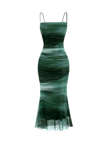 SweatyRocks Damen Batik Lange Kleider Figurbetontes Partykleid Mesh Spaghettiträger Ausgehkleid Bodycon Urlaubkleid mit Rüschensaum Grün XS von SweatyRocks